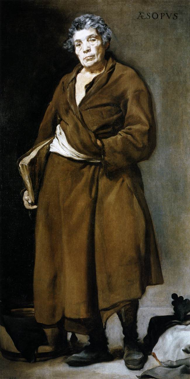 Diego Velázquez’s portrait of Aesop, c. 1638 — a grizzled figure in rough cloth, holding a book