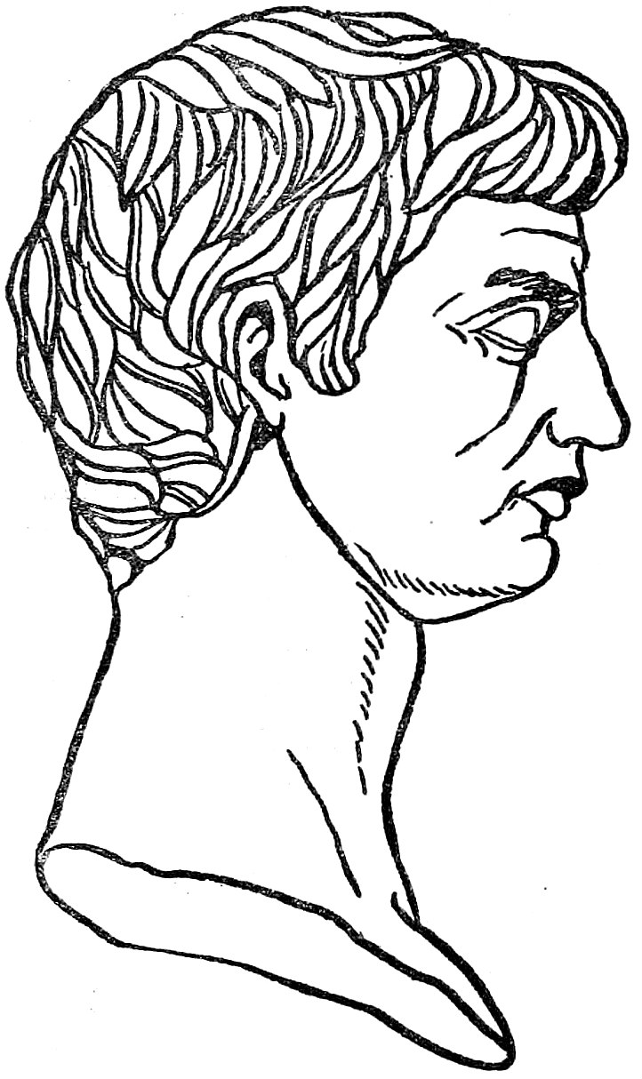 Engraved portrait of Marcus Junius Brutus in profile, from Collier's New Encyclopedia, 1921